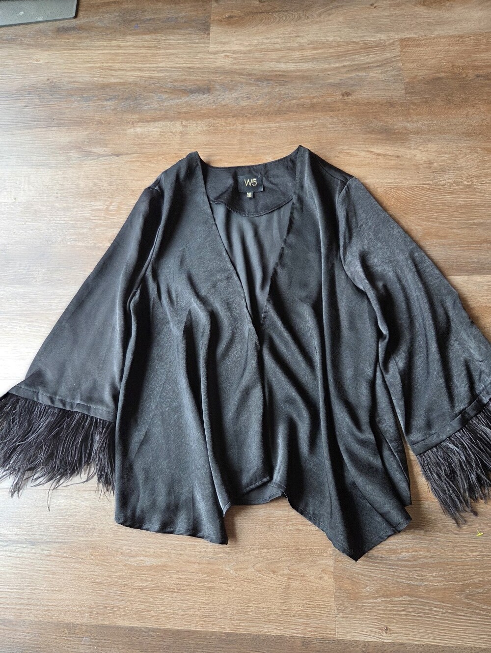 Anthropologie W5 Black Silky Feather Trimmed Shrug Cover Womens size L/XL